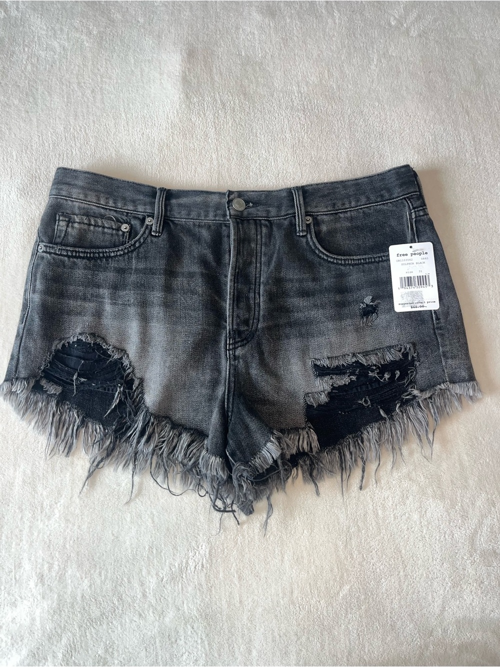 Free People Black Washed Distressed Jean Cutoff Shorts Button Fly Sz 31 NWT